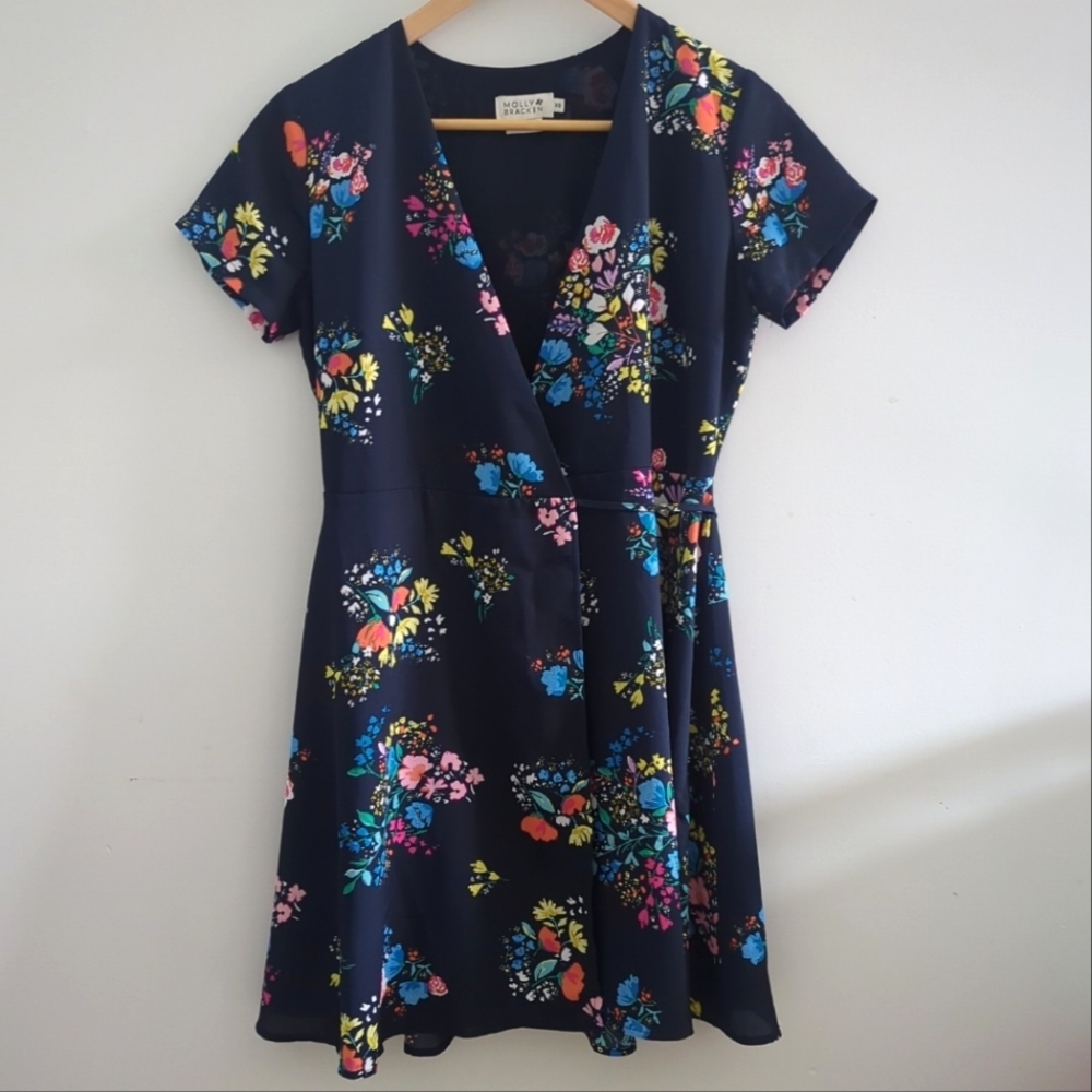 MOLLY BRACKEN | Women's Navy with Multicolor Floral  Wrap Style Mini Dress